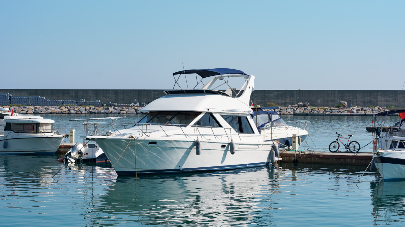 Marine parking of boats and yachts in Turkey. Yacht docked in sea port