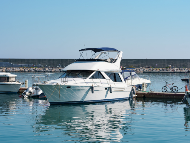 Marine parking of boats and yachts in Turkey. Yacht docked in sea port